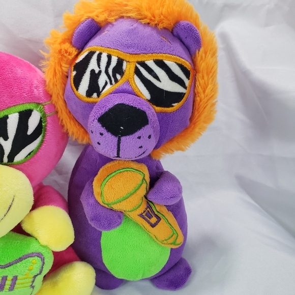 Neon Rainbow Rockin Monkey & Neon Purple Rockin Lion Plush Set Black Light Fun - Picture 3 of 11